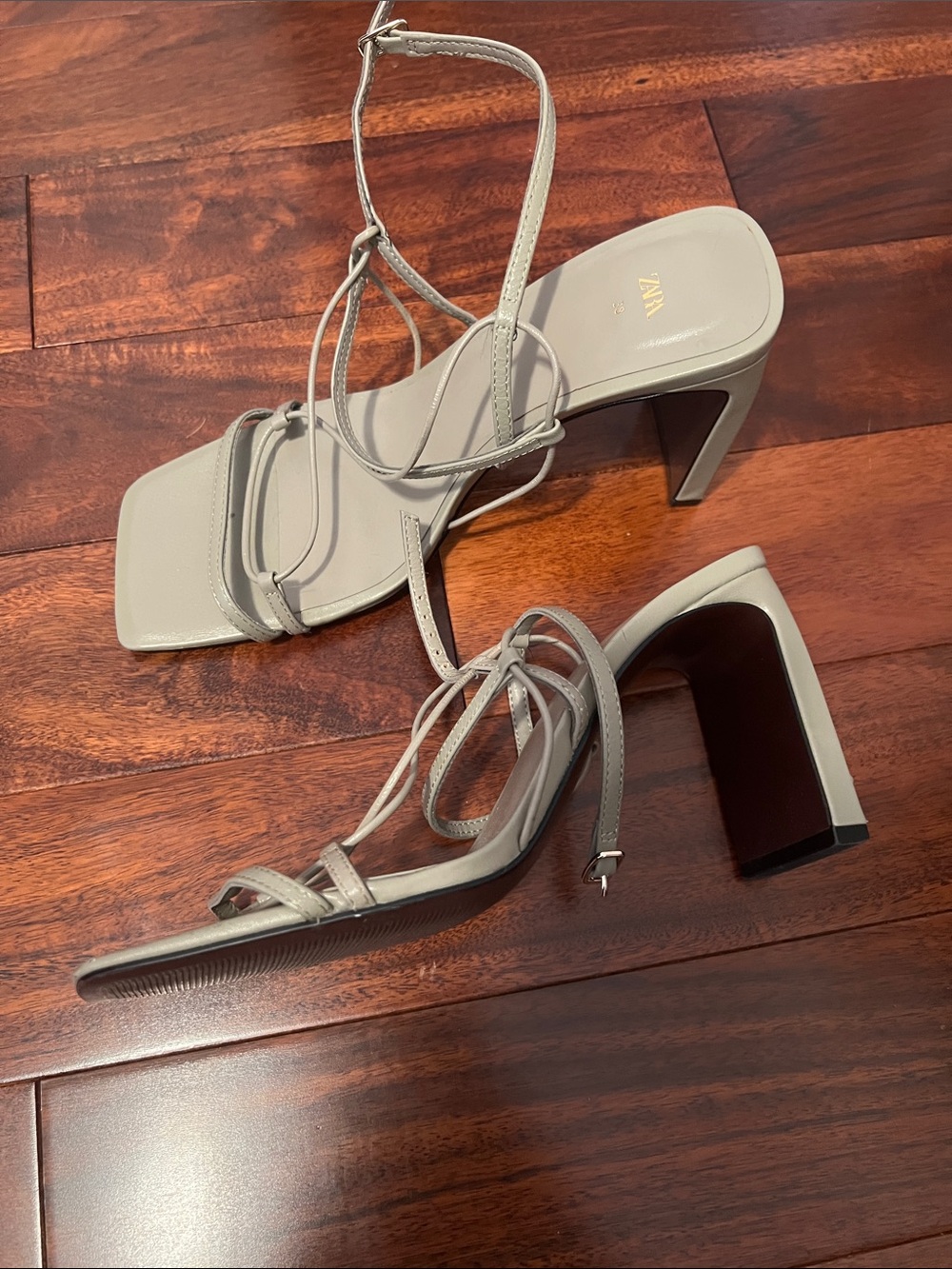 Zara Strappy Square-Toe Heeled Sandals in Sage Green